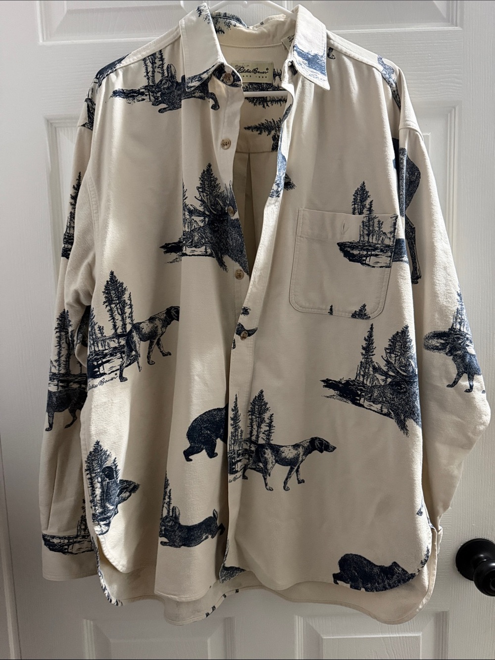 Eddie Bauer Cream Button-Up Shirt Jacket with Navy Outdoor Print
